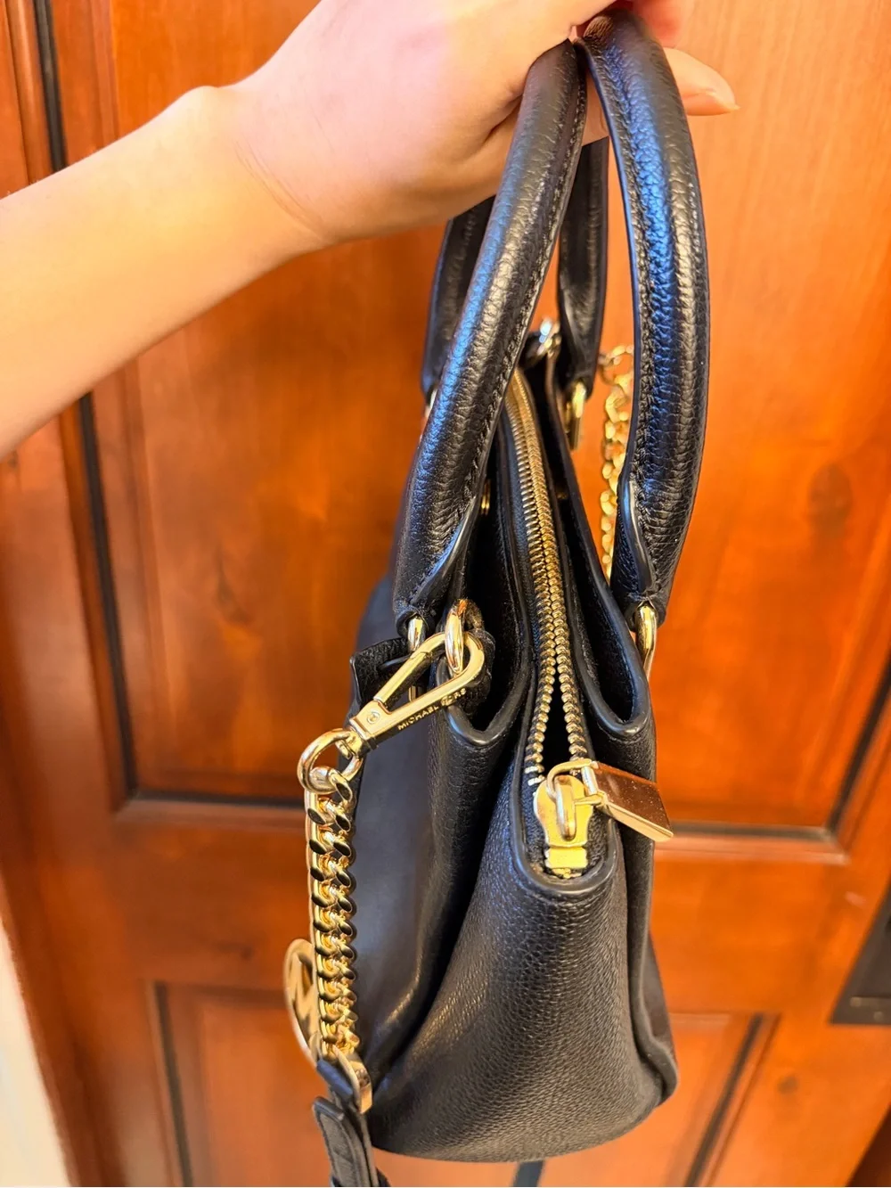 Michael Kors Black Leather Pebbled Satchel with Gold MK Charm